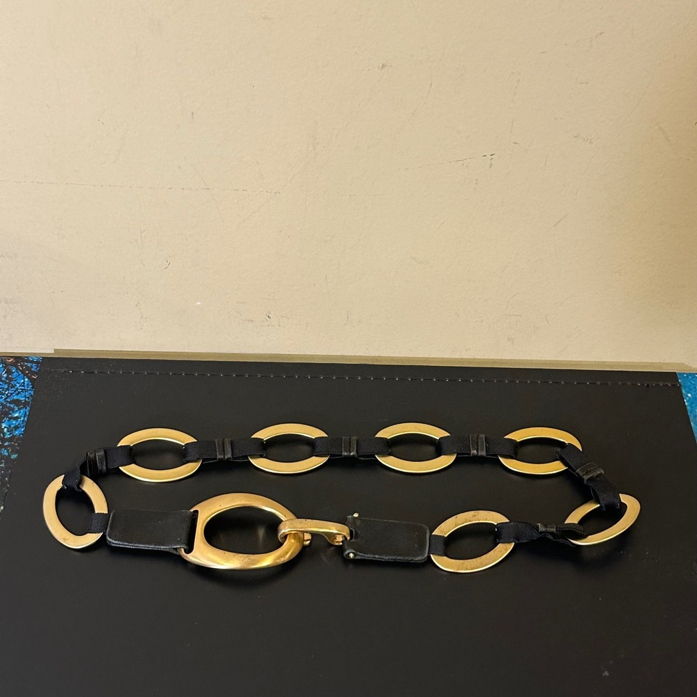 Suzi Roher Gold Oval Chain Link Elastic Belt Black Leather Trim Small